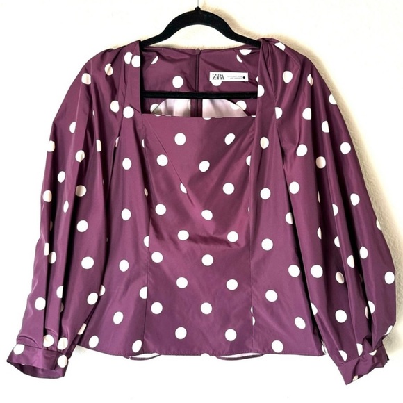 Zara Purple Polkadot Puff Sleeve Square Neck Taffeta Blouse Size Medium - Picture 3 of 4